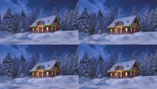 乡村房子装饰圣诞节下雪冬夜3D动画高清在线视频素材下载