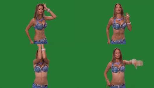 舞者。肚皮舞。肚皮舞者跳舞。绿色的屏幕。蓝色的性感衣服高清在线视频素材下载