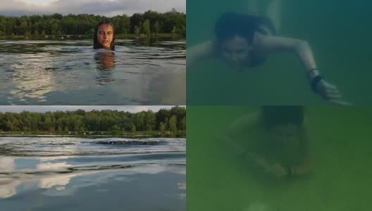 15岁的少女在湖里游泳和戏水。高清在线视频素材下载