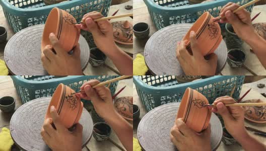 近手装饰陶瓷青瓷，素可泰泰艺术，制作泰国陶瓷工艺品高清在线视频素材下载