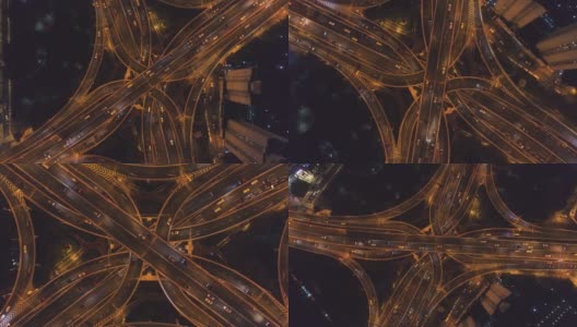 夜间复杂道路立交桥。上海的城市。中国鸟瞰图垂直向下视图高清在线视频素材下载