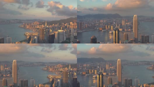 日落时分，维多利亚港和香港天际线的全景高清在线视频素材下载