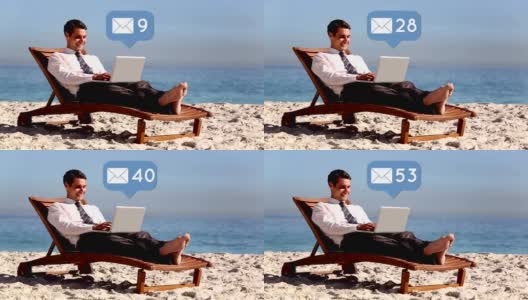 躺在沙滩上用笔记本电脑的商人高清在线视频素材下载
