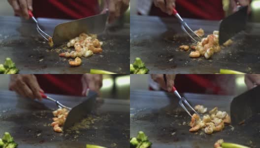 慢镜头厨师烧烧虎虾日式烧烤铁板烧高清在线视频素材下载
