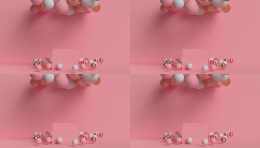 粉色场景墙壁地板几何形状球体气球悬浮3d渲染运动高清在线视频素材下载