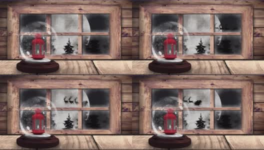 动画的雪花球与灯笼和剪影的圣诞老人在雪橇高清在线视频素材下载