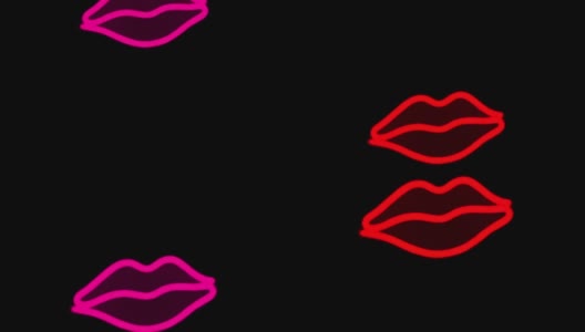 明亮的红色和粉红色的嘴唇飞在黑色的背景孤立。动画的吻。循环录像。欲望和性的概念。霓虹灯闪烁着美丽女性的嘴唇。化妆品。口红、润发油。高清在线视频素材下载