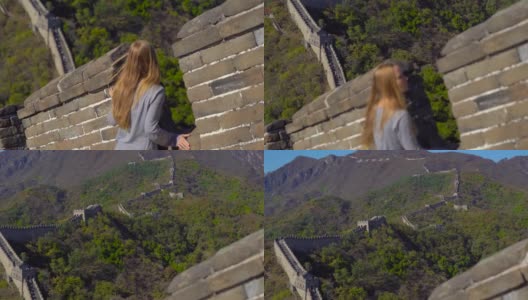 一个年轻的女人透过中国长城的开口处。这座墙在山的一侧开始倒塌高清在线视频素材下载