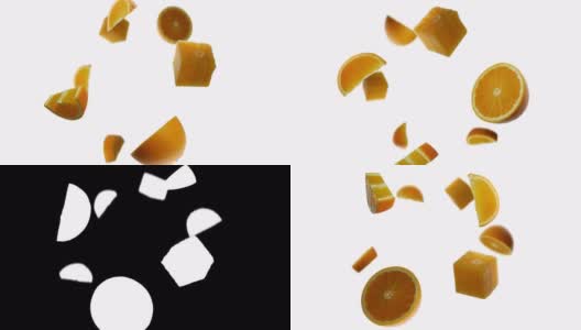 切割橙色的果蝇片，并在白色背景和阿尔法通道上以慢动作旋转高清在线视频素材下载