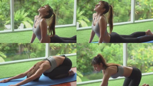 健身女性在家里做瑜伽高清在线视频素材下载