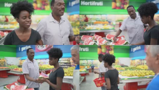 父亲和女儿在超市买东西时问小贩高清在线视频素材下载