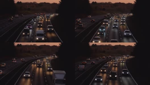 黄昏时分，高速公路上车流滚滚，汽车开着大灯。高清在线视频素材下载