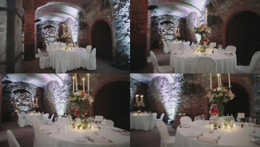 酒窖里的婚宴餐桌。摄像头，连续拍两张照片高清在线视频素材下载