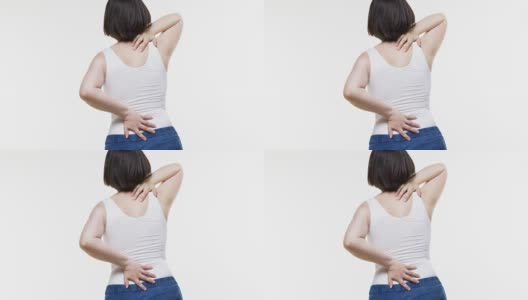 背痛，背痛的女人在白色背景上高清在线视频素材下载