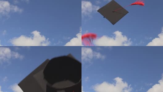 36、学术帽在蓝天上上下飞舞，同学们庆祝毕业高清在线视频素材下载