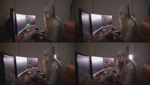 黑客工作的女人。计算机安全概念高清在线视频素材下载