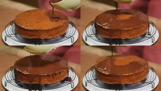 制作传统奥地利巧克力甜点萨赫蛋糕。把巧克力釉。高清在线视频素材下载