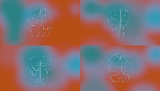 动画3d模型的人的大脑旋转在蓝橙色的背景和脉冲脑电波。高清在线视频素材下载