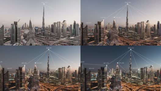 T/L PAN城市天际线和5G网络概念，从白天到夜晚/阿联酋高清在线视频素材下载