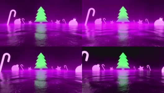 3d抽象的圣诞景观与紫色霓虹灯发光的圣诞玩具和装饰品。紫色的烟雾覆盖了整个空间。标题的未来背景。时尚时尚的圣诞理念。高清在线视频素材下载