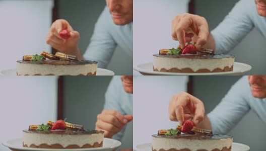 男厨师把草莓放在蛋糕上高清在线视频素材下载