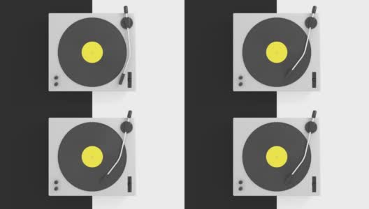 复古黑胶唱片与黄色标签的dj转盘上的黑色和白色组合背景。复古的声音技术概念来播放音乐。顶视图的动画高清在线视频素材下载