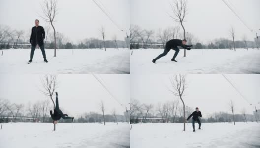 男子在雪中做杂技高清在线视频素材下载