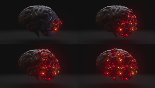 未来的概念。玻璃大脑覆盖着成千上万的连接和微电路。红色的霓虹灯。三维动画高清在线视频素材下载