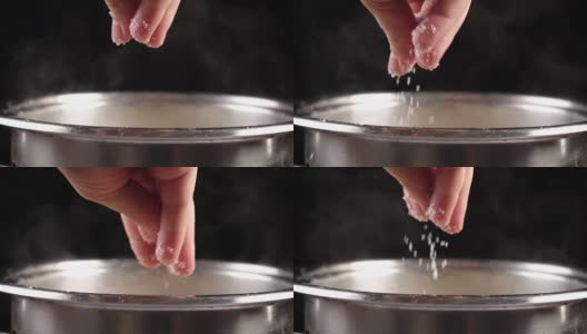 锅内沸水加入盐，慢动作高清在线视频素材下载