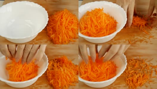 把胡萝卜切成片放在碗里。高清在线视频素材下载