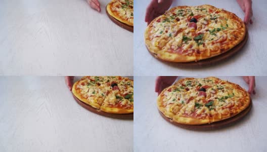 咖啡馆里白色木桌上的披萨高清在线视频素材下载