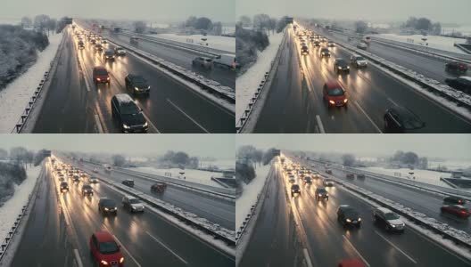 一个冬天的早晨，高速公路上拥挤的交通高清在线视频素材下载