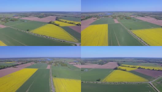 油菜田和易北河附近的耕地鸟瞰图在地区Lüchow-Dannenberg在下萨克森州-德国高清在线视频素材下载