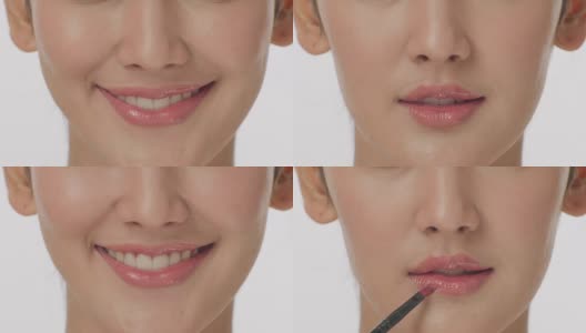 近距离肖像化妆师用口红刷性感的嘴唇有吸引力的女人。化妆的嘴唇。美丽和时尚的概念。高清在线视频素材下载