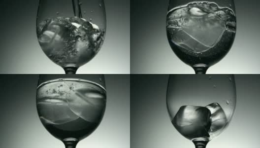 微距拍摄的水倒入玻璃杯与冰块高清在线视频素材下载