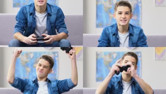 男高中生在电子游戏中获胜，在沙发上偷懒，玩竞争性游戏高清在线视频素材下载