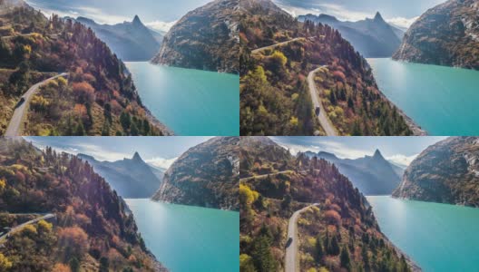 Lake Turquoise Car Mountains秋天Zervreilasee瑞士Aerial 4k高清在线视频素材下载