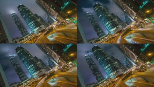 时间流逝，香港市中心的现代建筑夜景高清在线视频素材下载