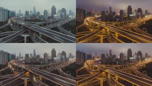 天桥鸟瞰图和城市交通高峰时间，从白天到晚上/上海，中国高清在线视频素材下载