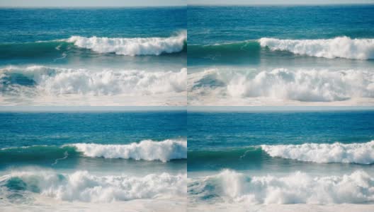海浪撞击的慢镜头。巨大的海浪慢慢地向海岸移动并破碎。自然海景背景中的力量。高清在线视频素材下载
