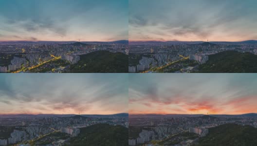 鸟瞰首尔的日出和多彩的日出。彩色的天空。早晨天空。日出的城市天际线。高清在线视频素材下载