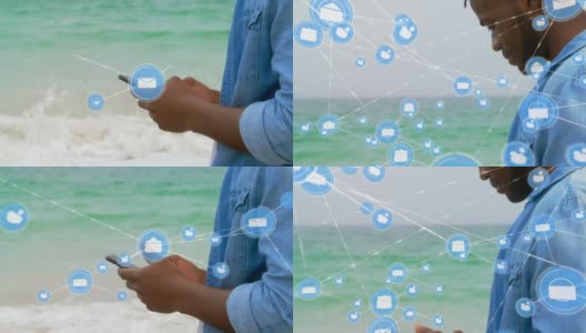 网络数字偶像对抗在海滩上使用智能手机的非裔美国人高清在线视频素材下载