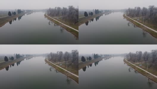 公园里雾蒙蒙的湖水高清在线视频素材下载