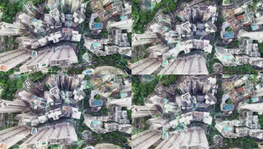 俯视图4K无人机和网络通信技术是一个蜘蛛网，背景是香港的视图。高清在线视频素材下载