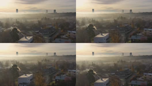 降落，索伦图纳雾蒙蒙的秋天，从无人机上看，日出高清在线视频素材下载