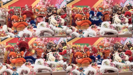 一群中国狮子在农历新年庆祝活动中表演。高清在线视频素材下载