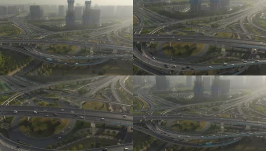 日落时分杭州市交通路口建筑建筑航拍全景4k中国高清在线视频素材下载