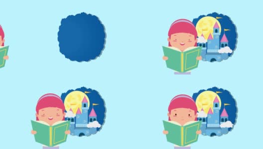 世界读书日庆祝小女孩阅读和童话城堡高清在线视频素材下载