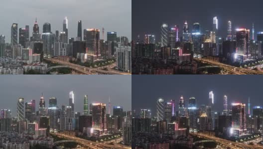 T/L PAN高角度视角的广州天际线，白天到夜晚过渡/广东，中国高清在线视频素材下载