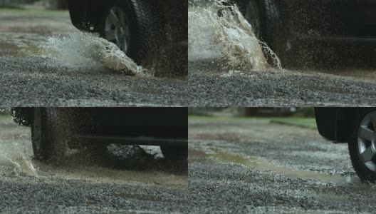 卡车轮胎溅在水坑里，慢镜头高清在线视频素材下载